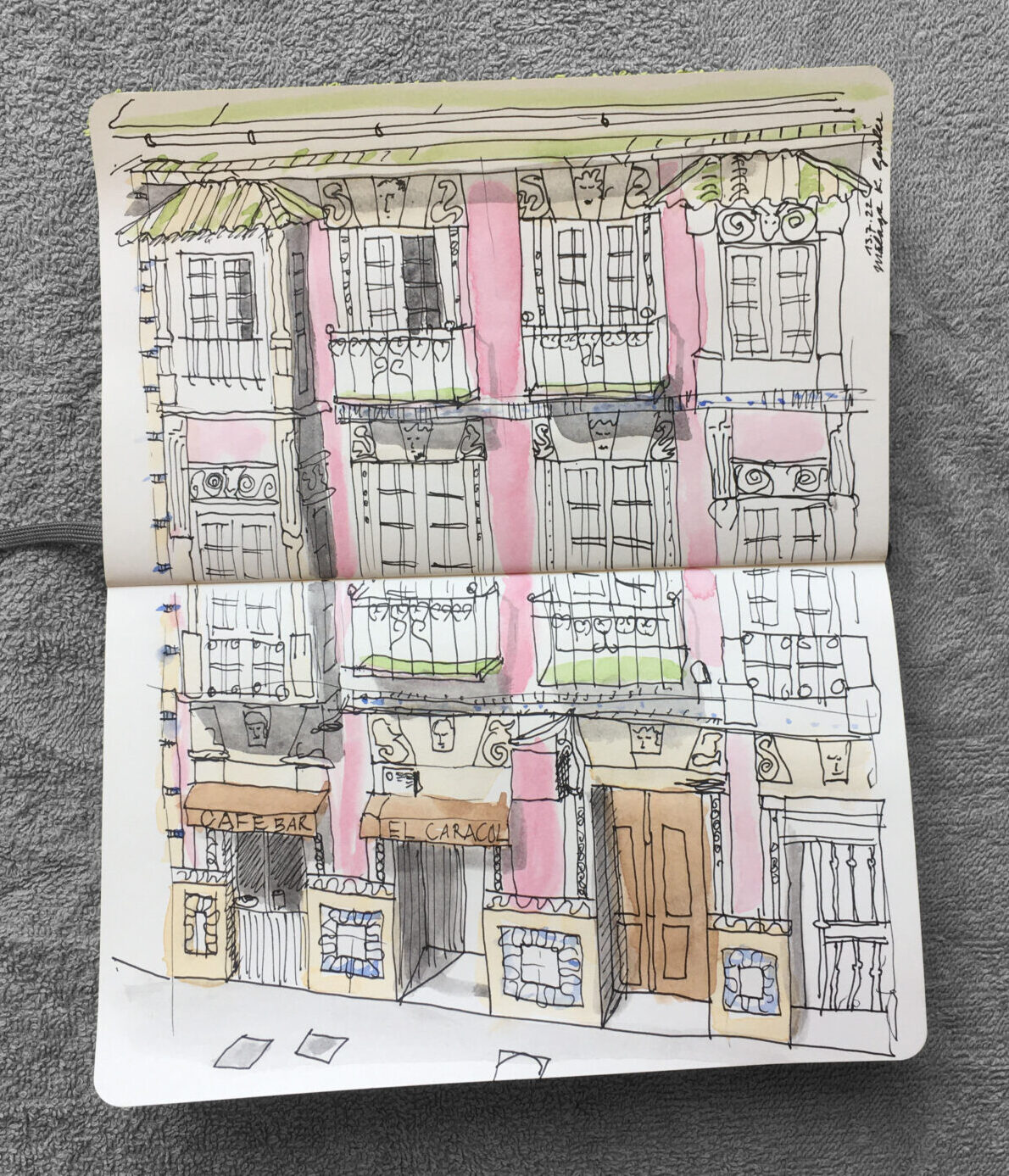 Aquarellierte Zeichnung einer Fassade in Málaga