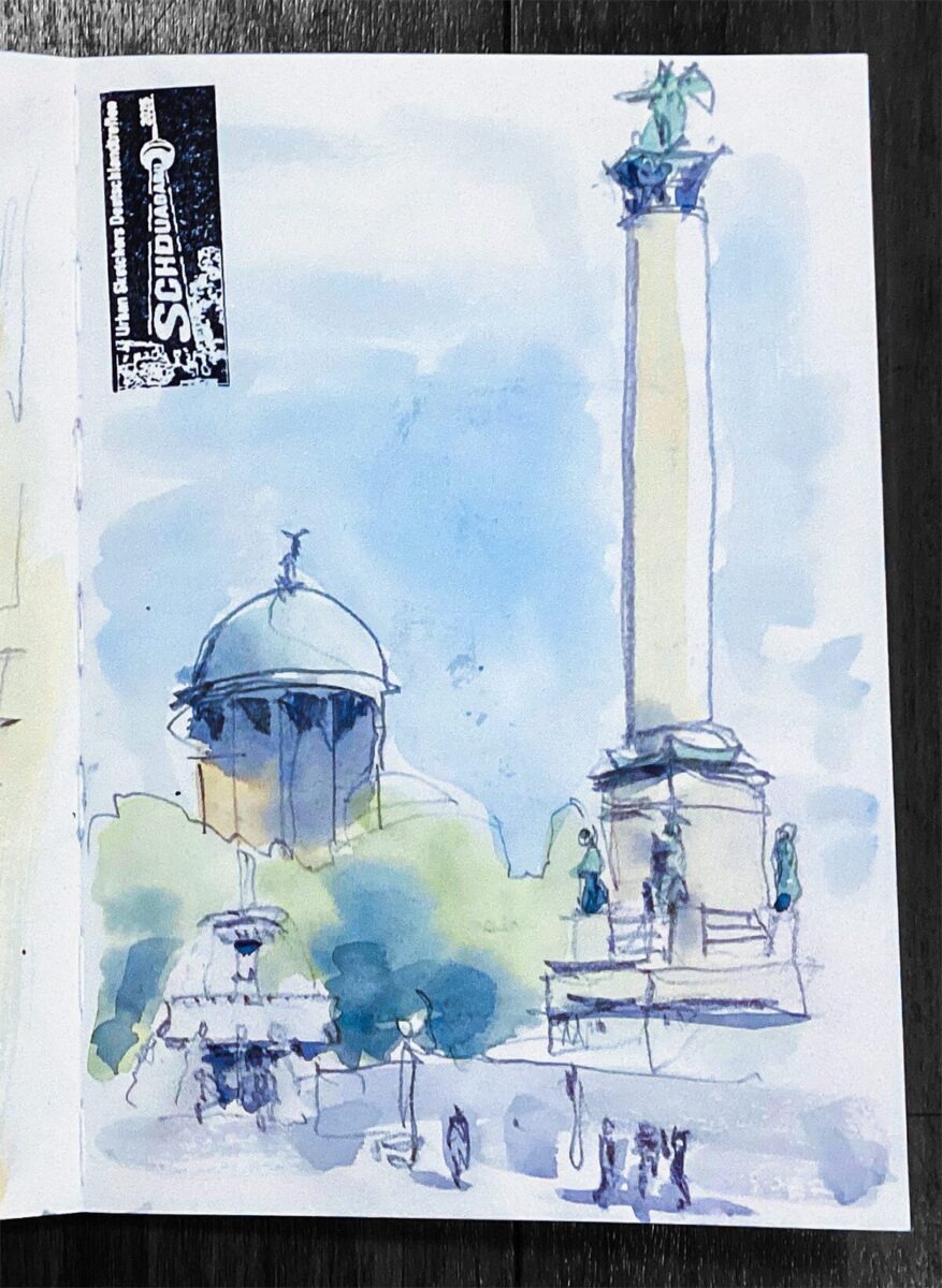 Aquarellzeichnung des Stuttgarter Schlossgarten mit Springbrunnen, Siegessäule und Kunstgebäude