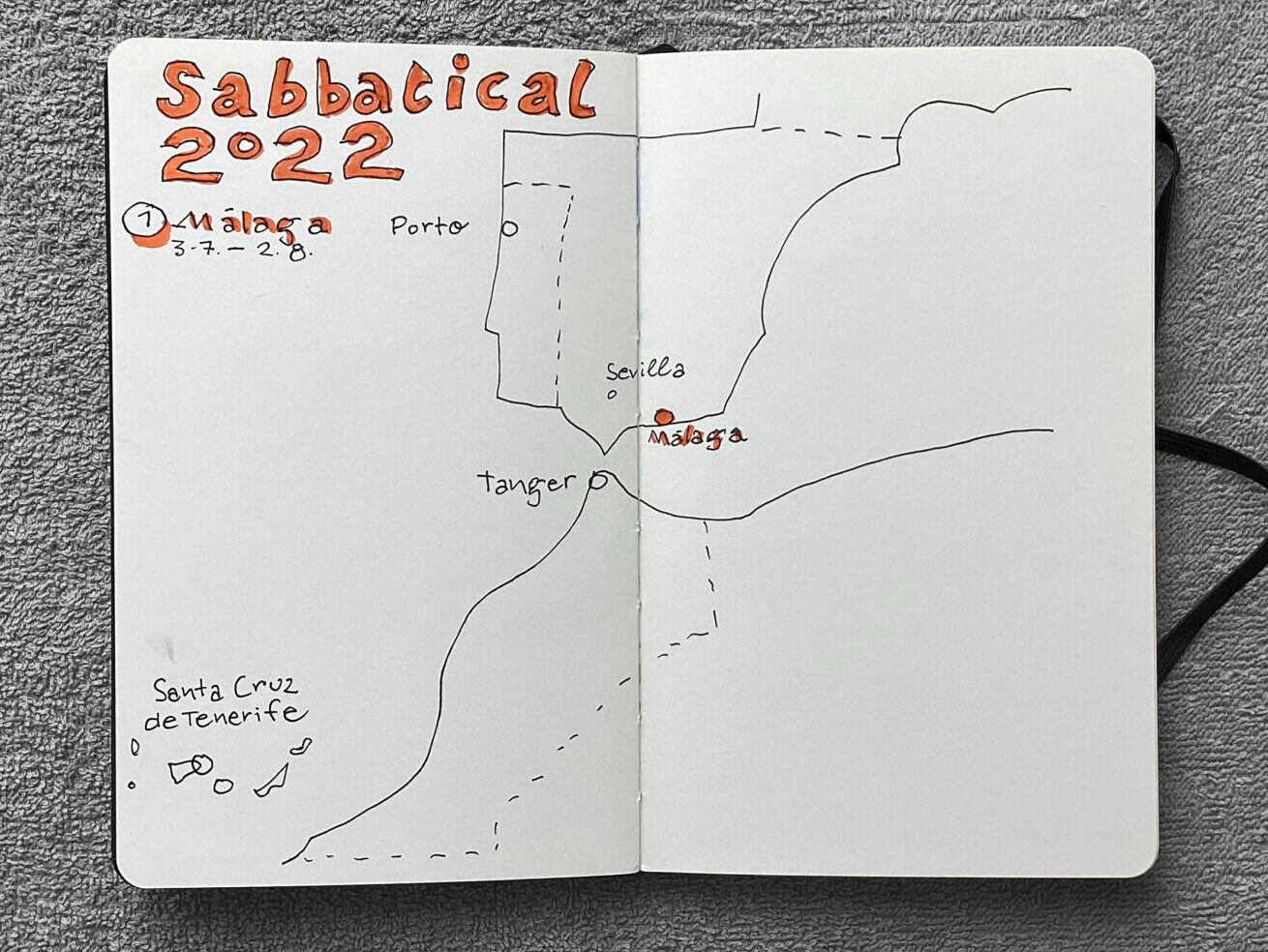 Gezeichnete Karte unserer bisher geplanten Ziele: Málaga, Tánger, Santa Cruz de Tenerife, Porto