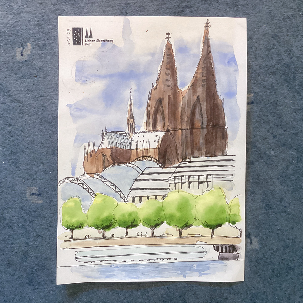 Urban Sketching Köln: Blick auf den Dom vom Rheinpark